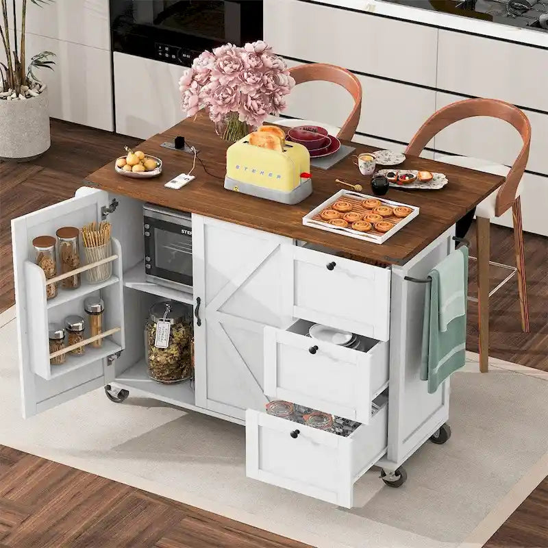 Îlot de cuisine roulant en bois de 54,5 po avec prise de courant et étagère de rangement interne