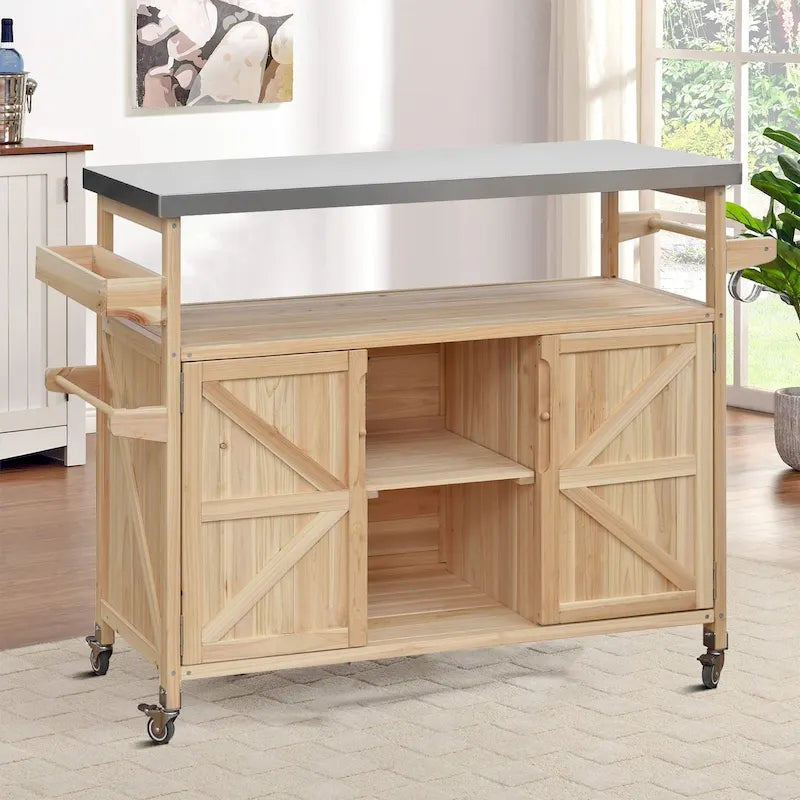 Îlot de cuisine vintage en bois avec dessus en acier inoxydable pour utilisation intérieure et extérieure