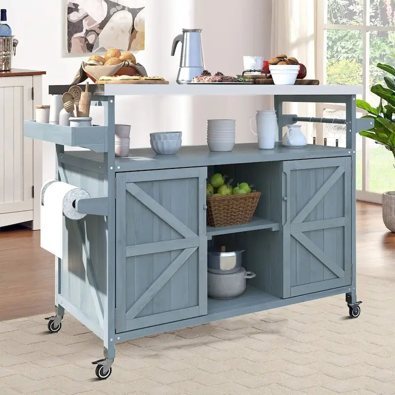 Îlot de cuisine vintage en bois avec dessus en acier inoxydable pour utilisation intérieure et extérieure