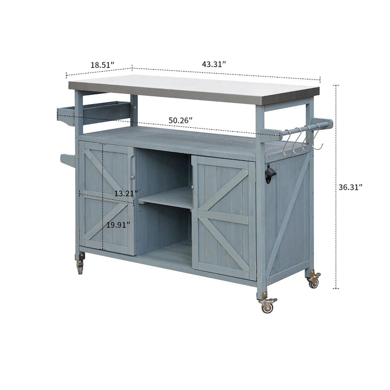 Îlot de cuisine vintage en bois avec dessus en acier inoxydable pour utilisation intérieure et extérieure