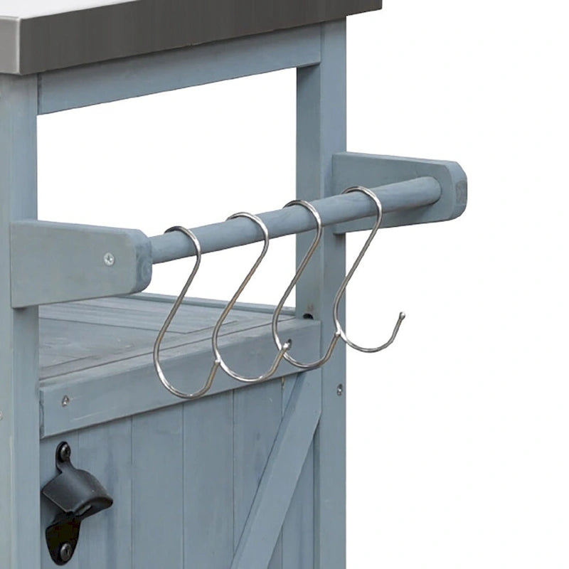 Îlot de cuisine vintage en bois avec dessus en acier inoxydable pour utilisation intérieure et extérieure
